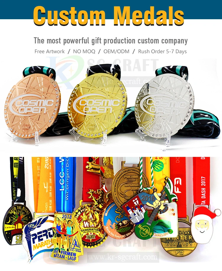 Manufacture Custom Award Running Marathon Glitter Enamel Metal Sport Medals with Sublimation Dye Printed Ribbon Lanyard Medal Hanger